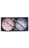 BOWL SET - RED & BLUE MANEKI WAVE w/ CHOPSTICKS